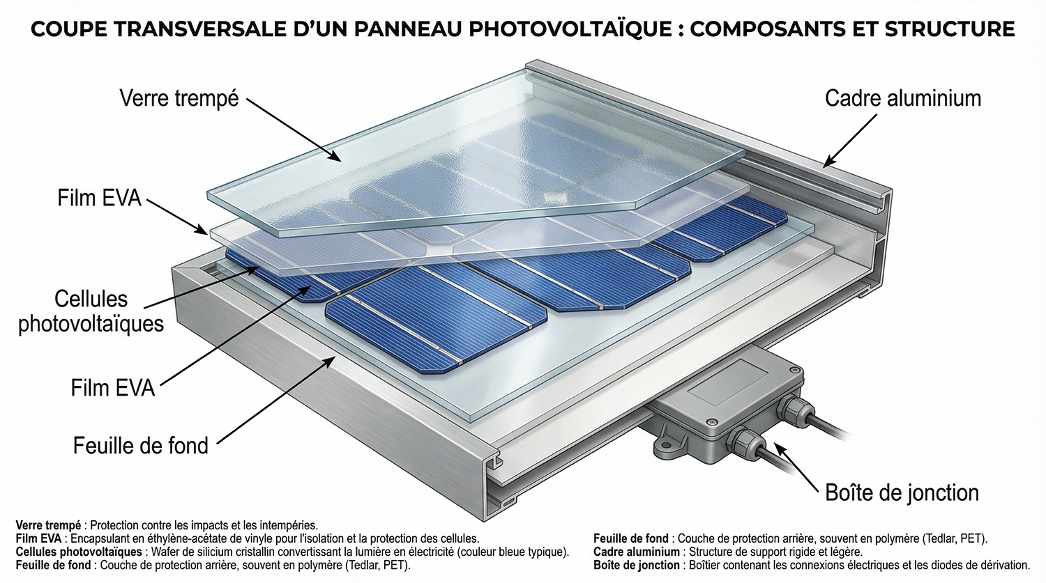 Coupe transversale d'un panneau photovoltaïque - composants